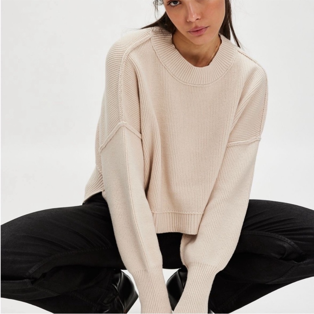 Free People Scoop Neck Ribbed Pullover Sweater in Cream